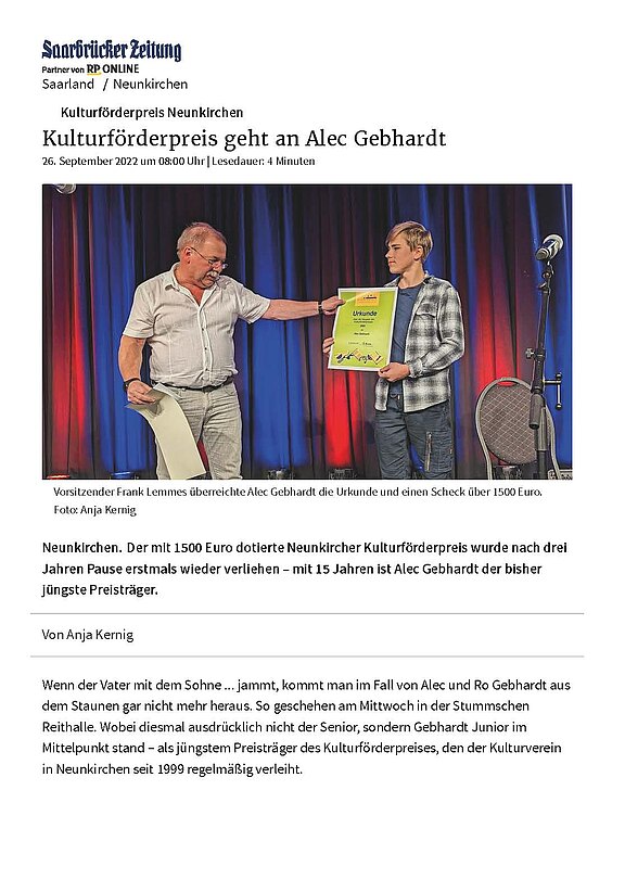 Kulturförderpreis geht an Alec Gebhardt 